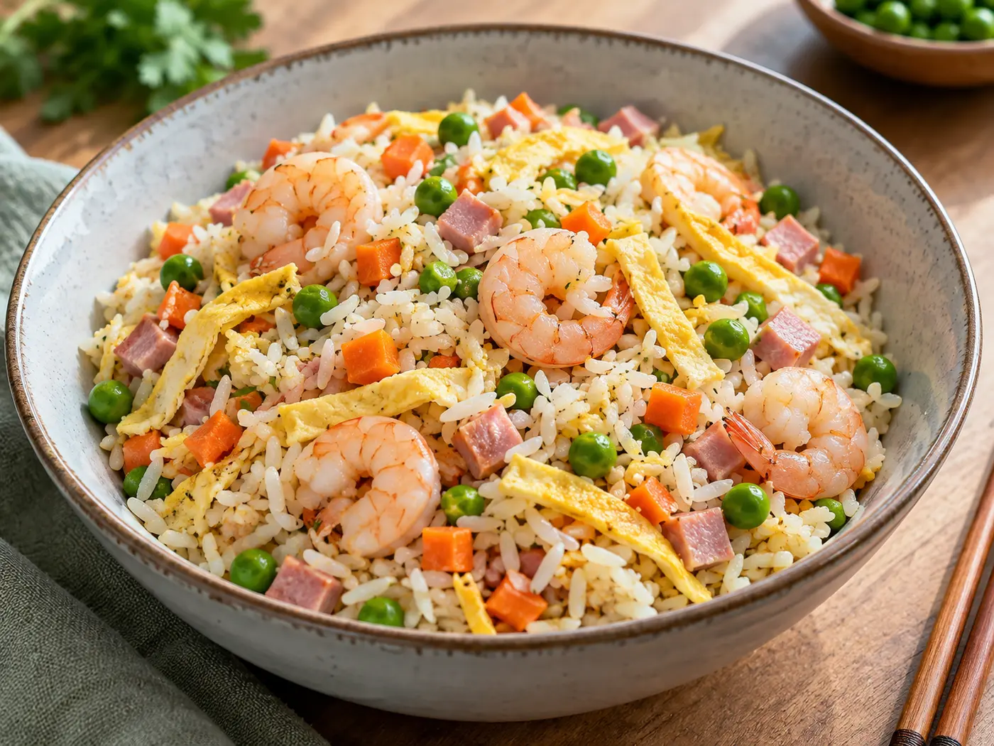 Arroz tres delicias con gambas