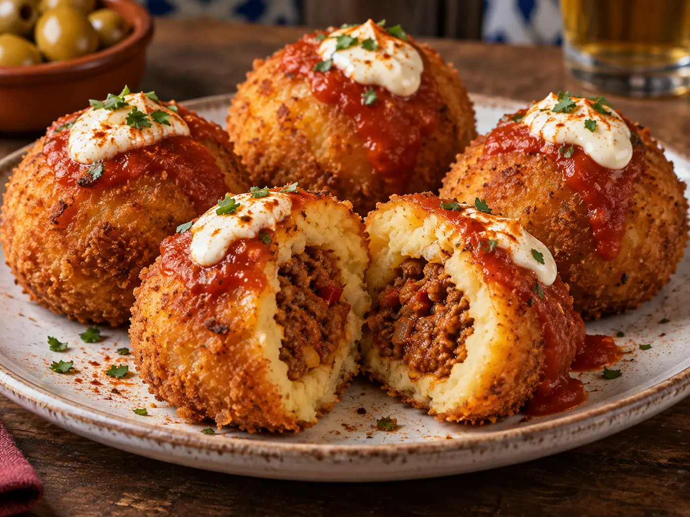 Bombas de patata con carne y salsa brava