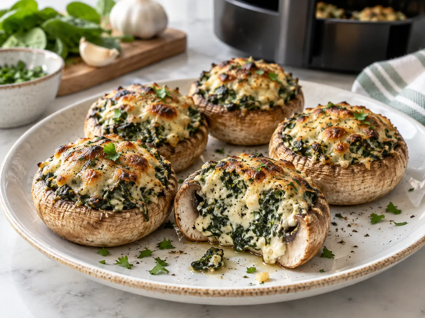 Champiñones rellenos de espinacas en Air Fryer