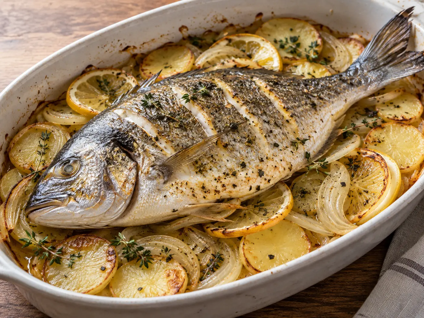 Dorada al horno con patatas