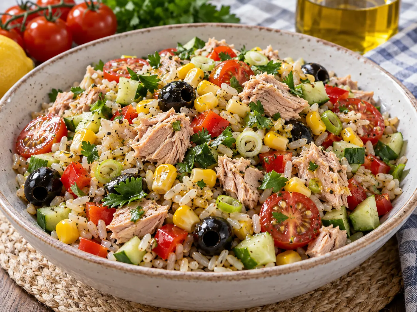 Ensalada de arroz integral con atún y maíz