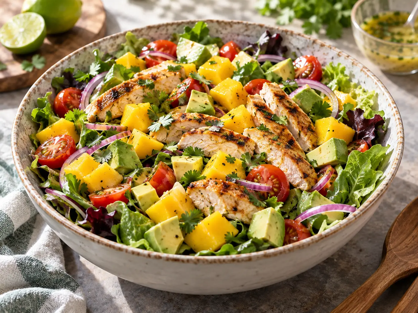 Ensalada de pollo, mango y aguacate