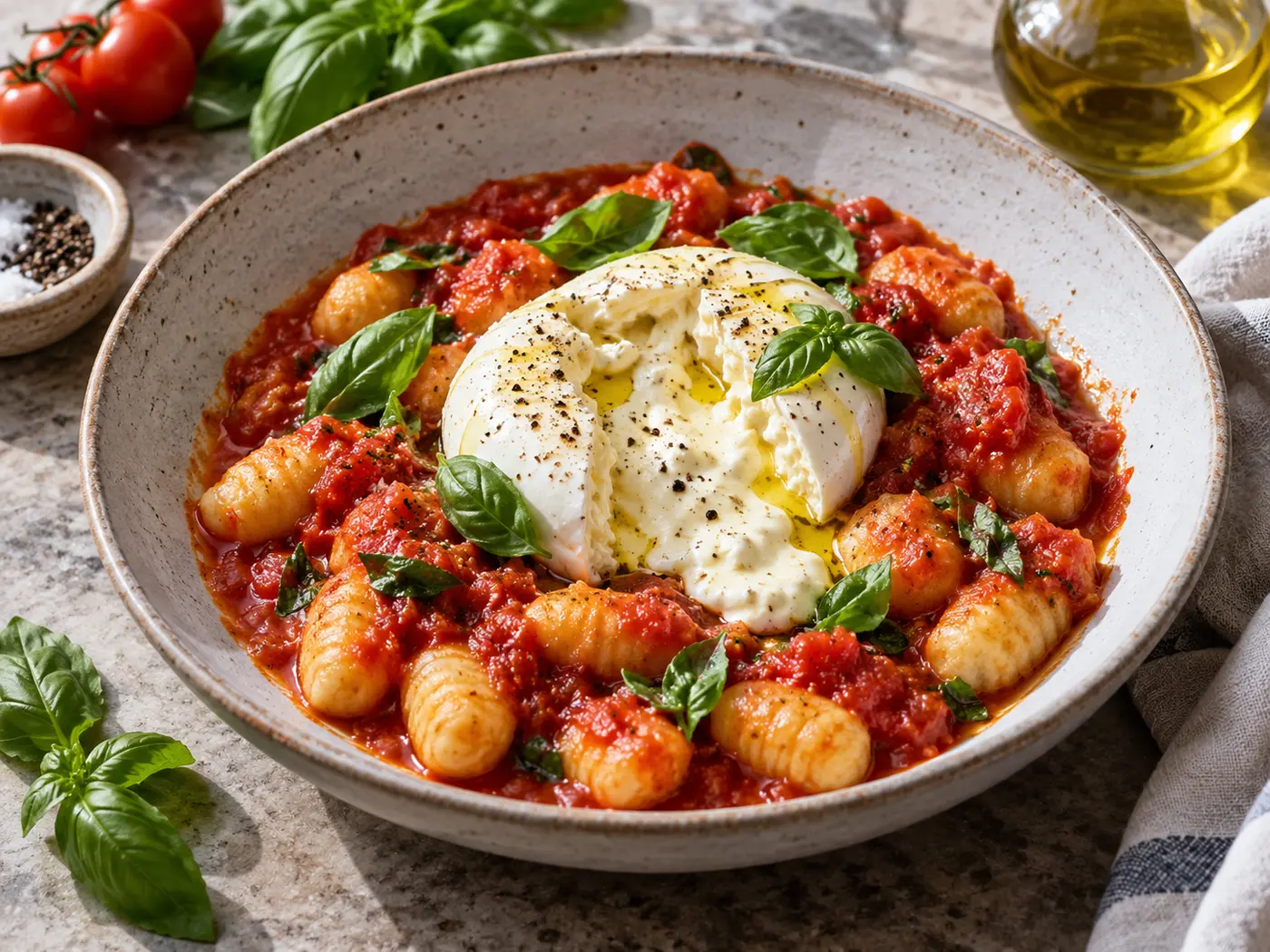 Gnocchi con tomate y burrata