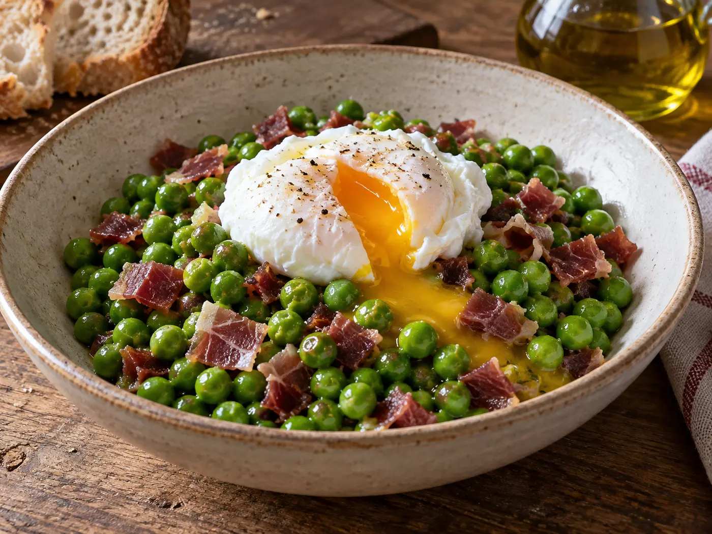 Guisantes con jamón y huevo poché