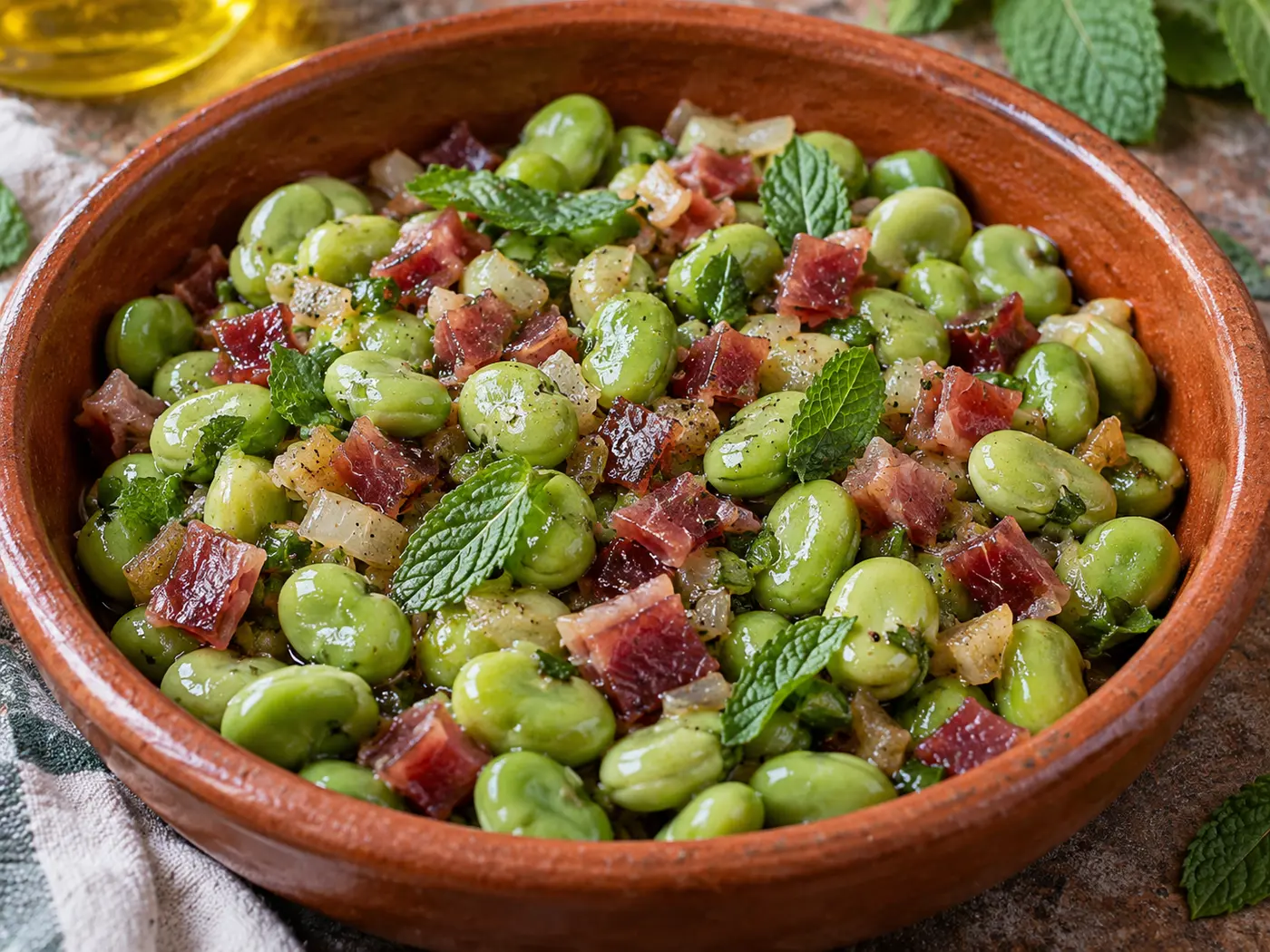 Habitas con jamón y menta