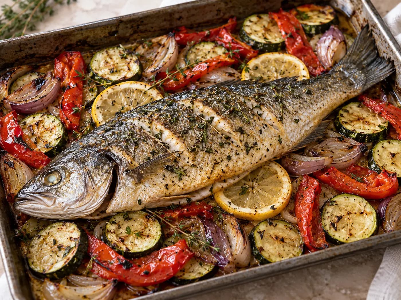 Lubina al horno con verduras