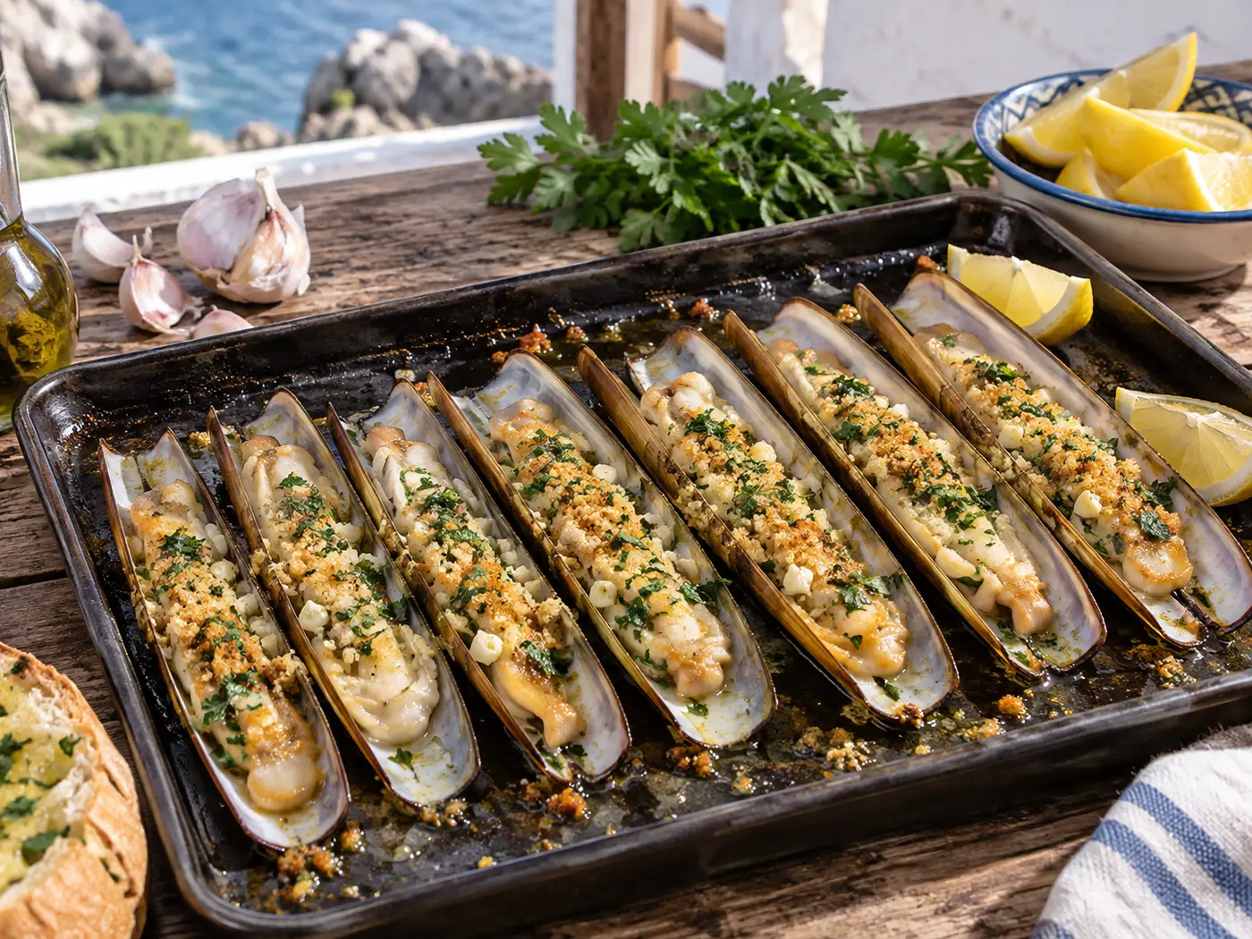 Navajas al horno con pan de ajo