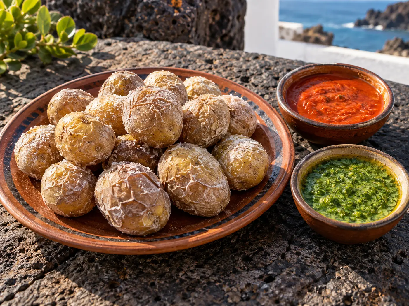 Papas arrugadas con mojo rojo y verde