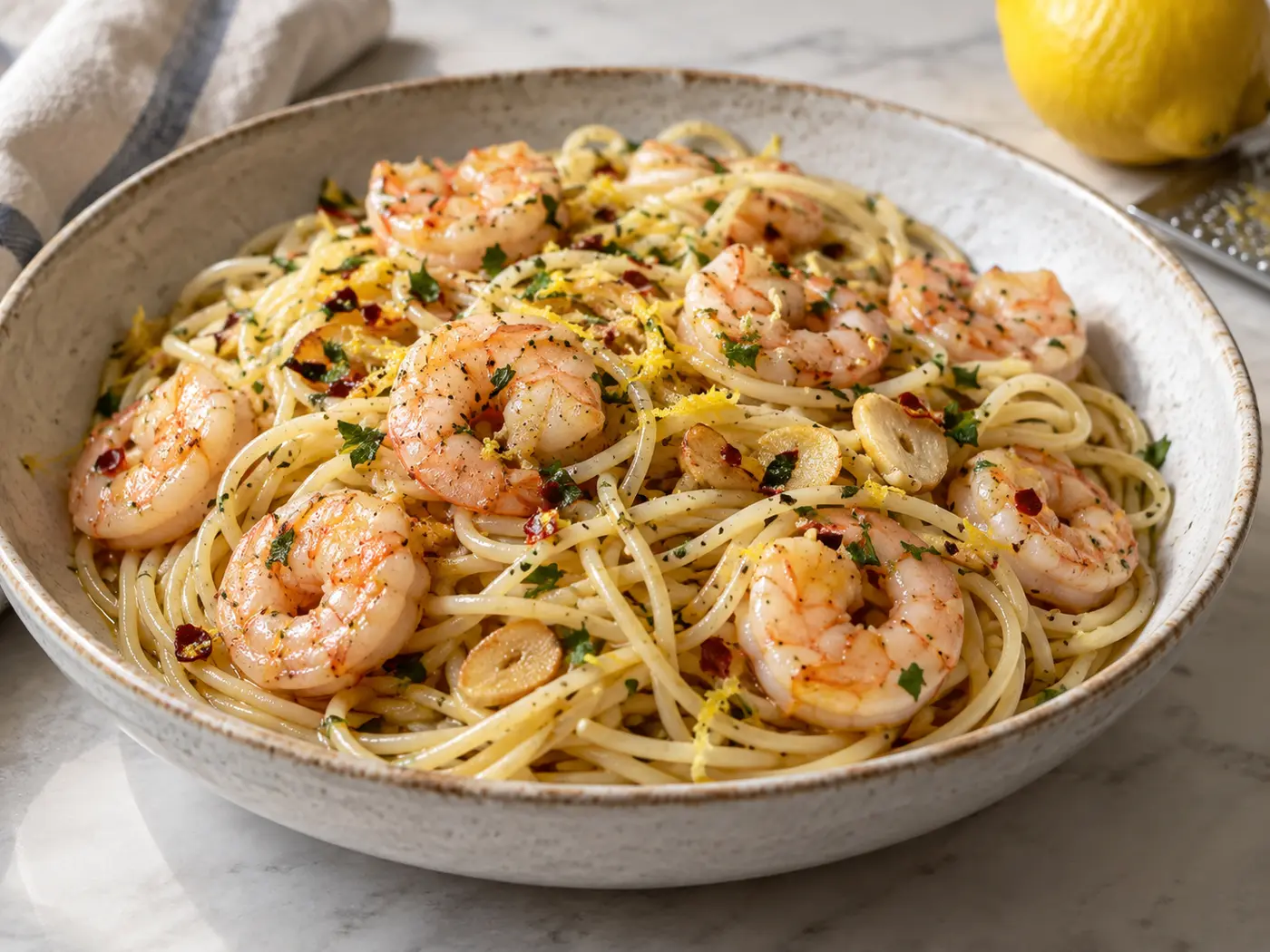 Pasta con gambas al ajillo