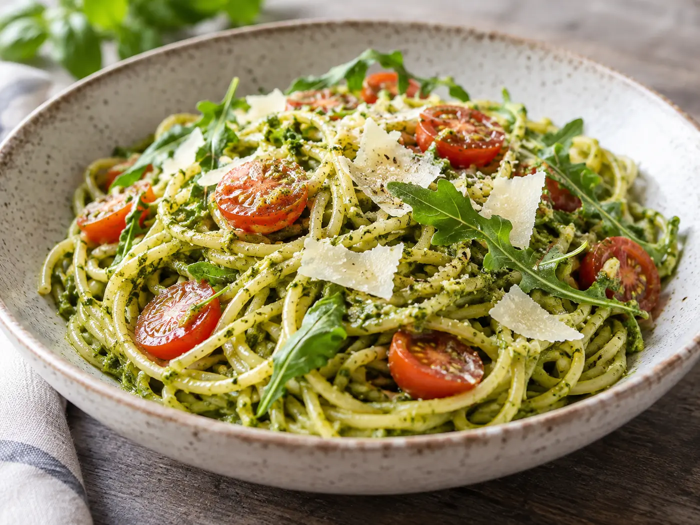 Pasta al pesto con tomates cherry