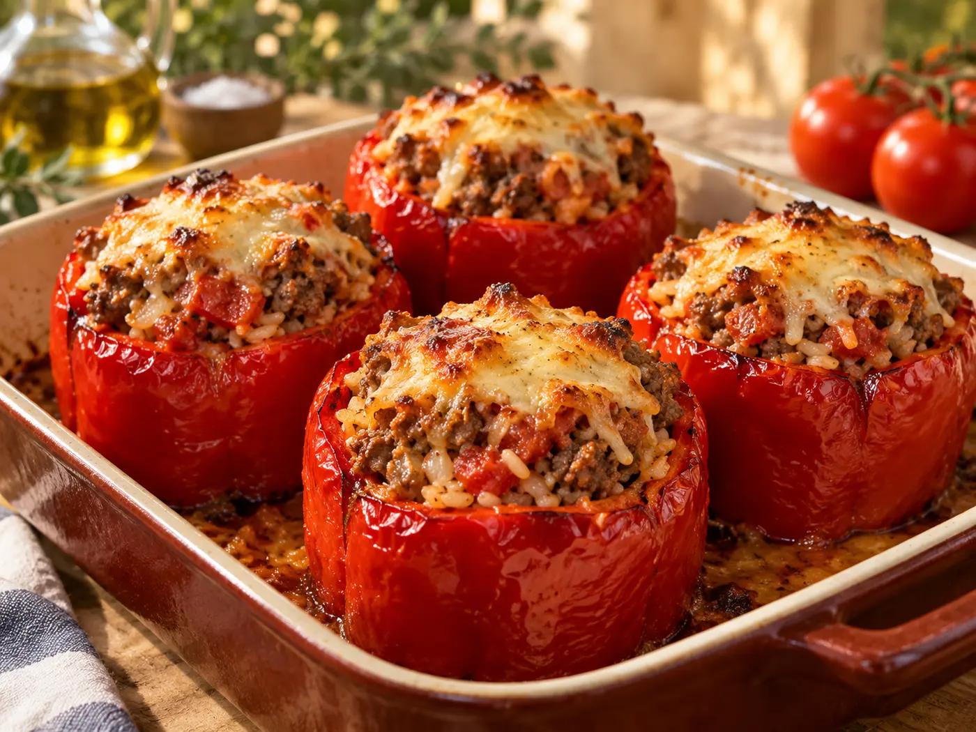 Pimientos rellenos de arroz y carne