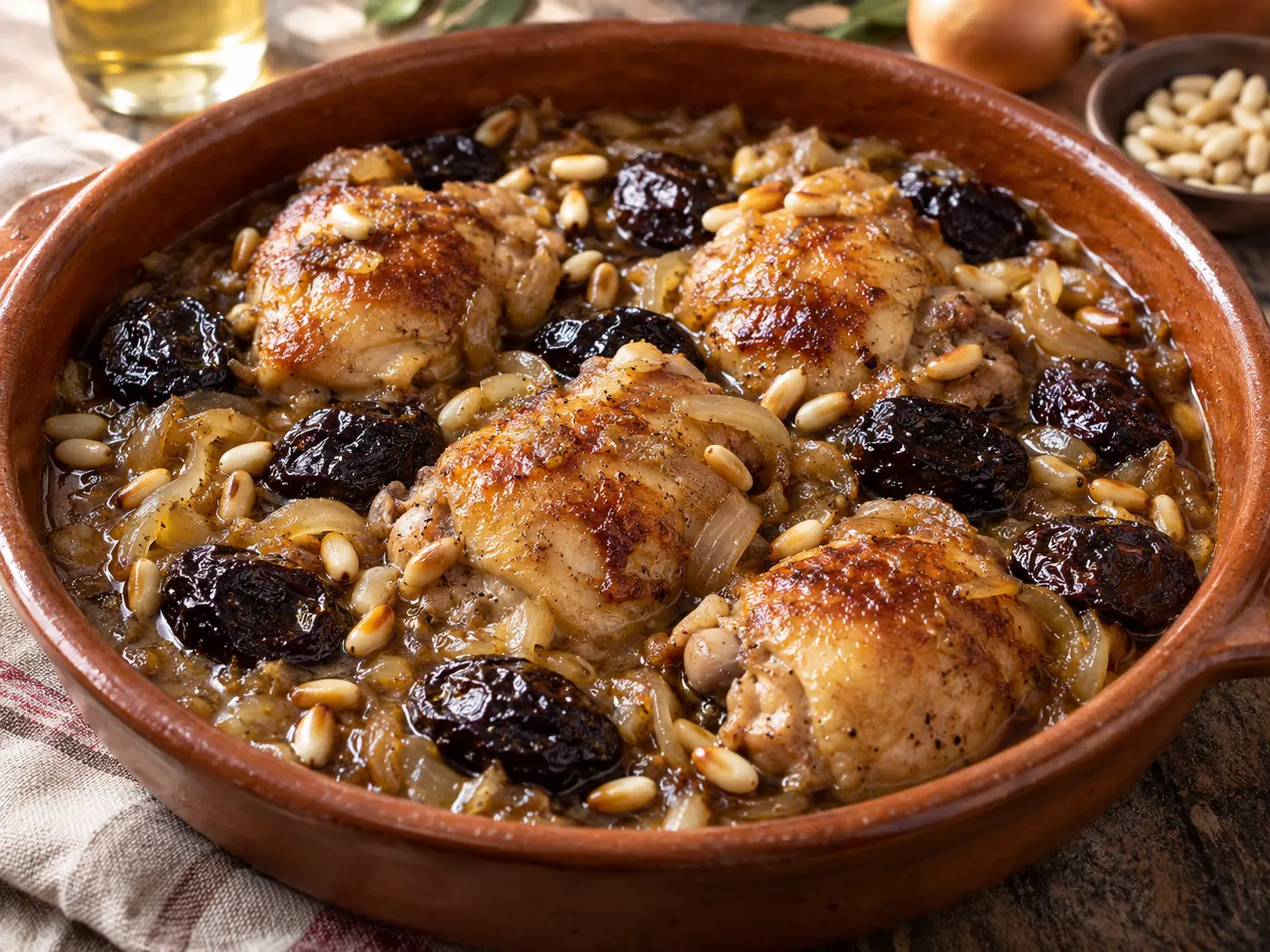 Pollo a la catalana con ciruelas y piñones
