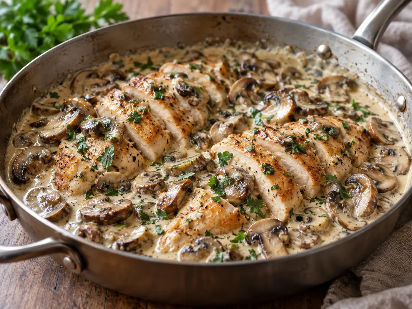 Pollo cremoso con champiñones