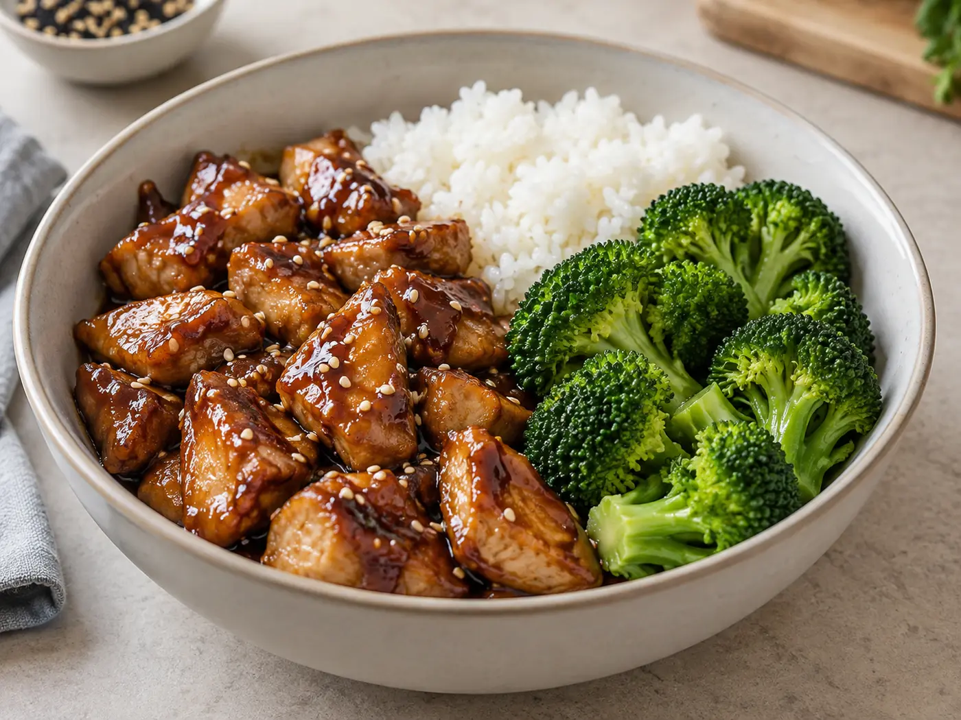 Pollo teriyaki con arroz y brócoli
