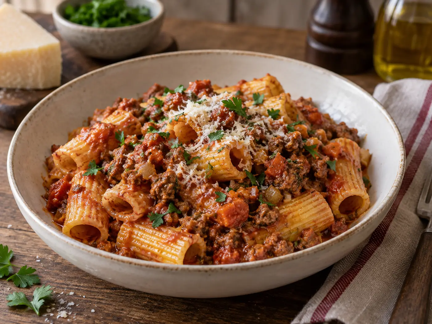 Rigatoni al ragú de salchicha