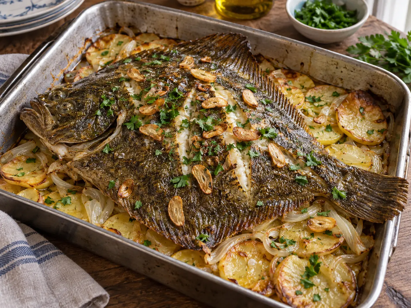 Rodaballo al horno con patatas panaderas