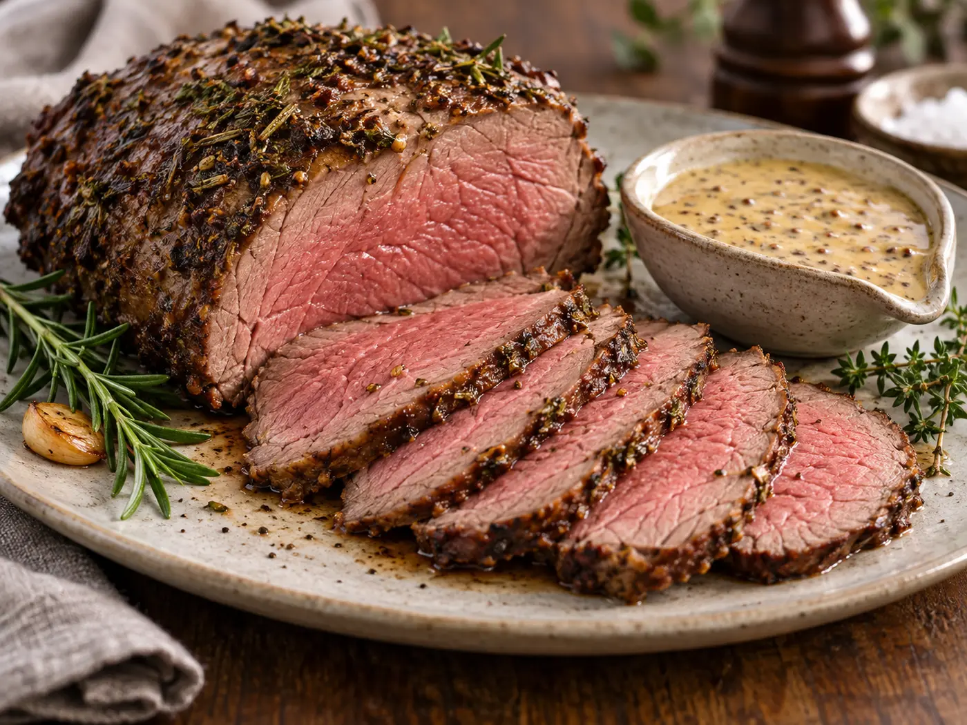 Rosbif al horno con salsa de mostaza