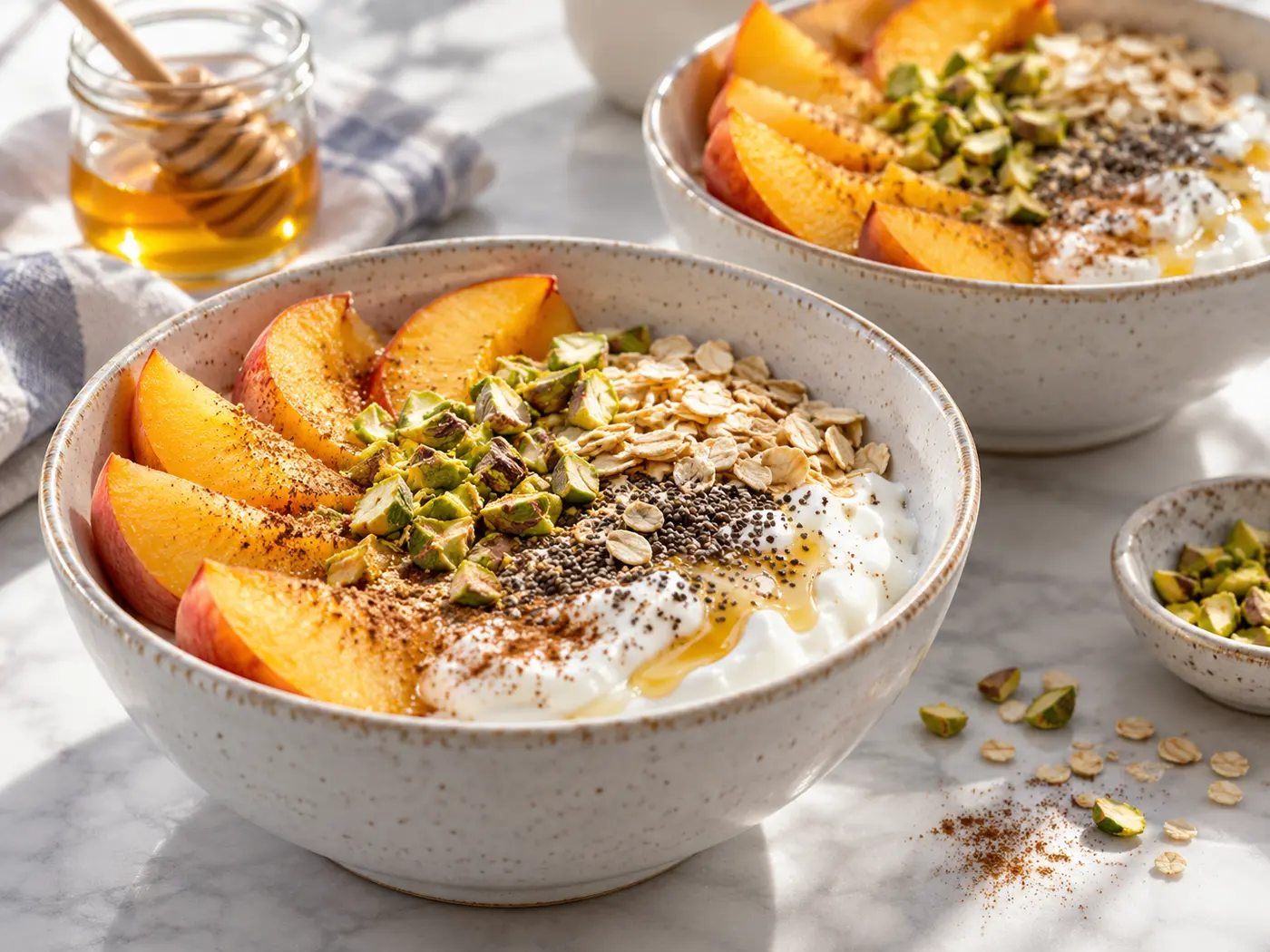 Bol de yogur, melocotón y pistachos