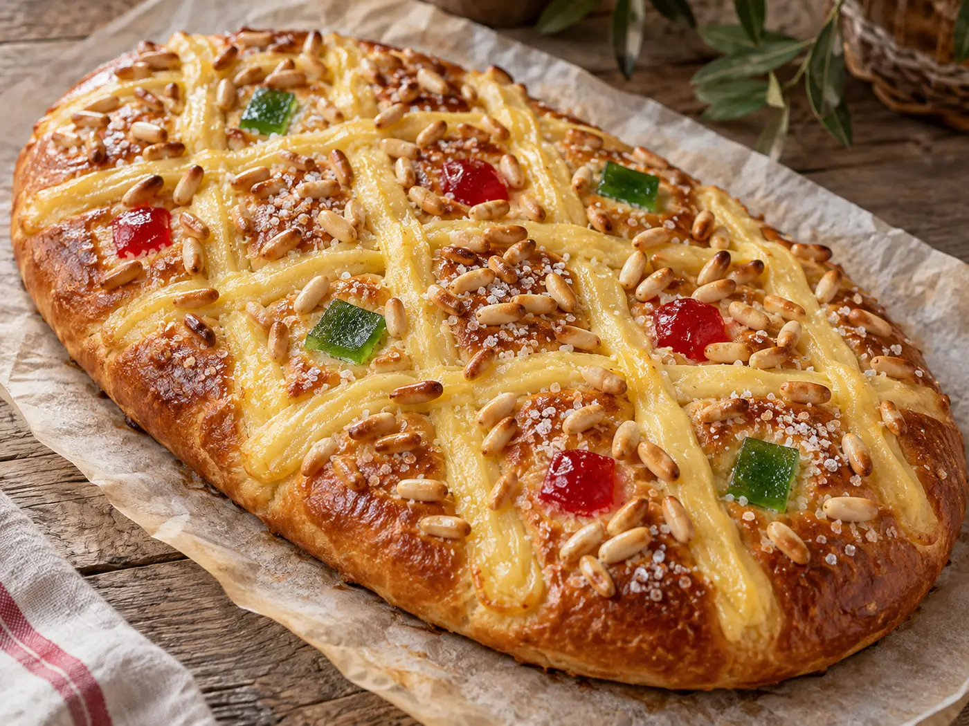 Coca de San Juan con crema y piñones