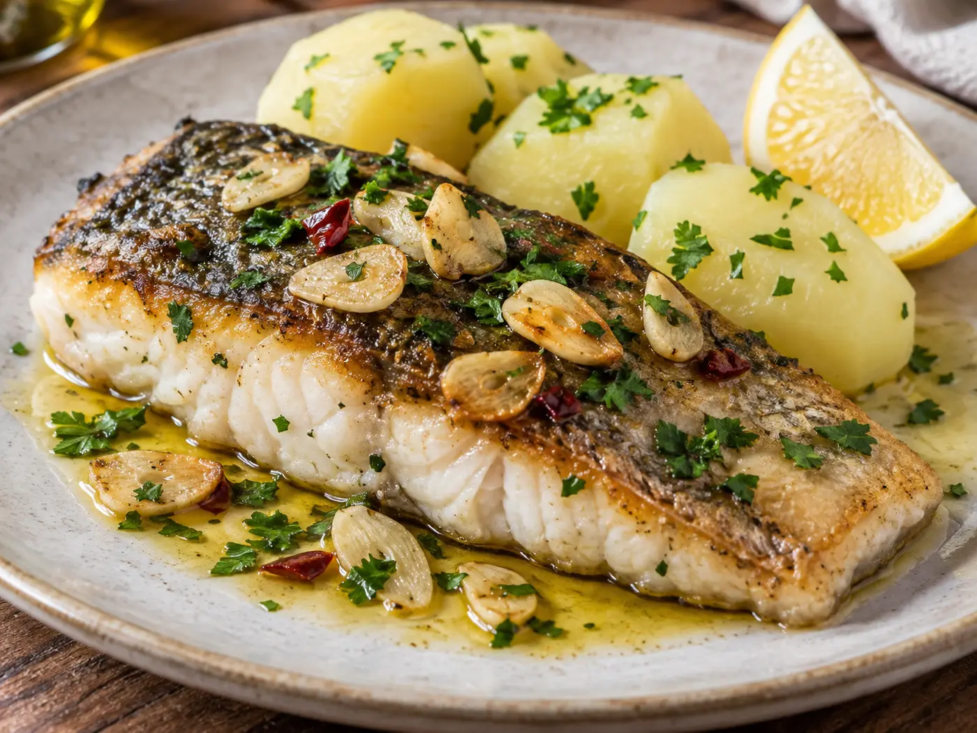 Corvina a la plancha con refrito de ajos