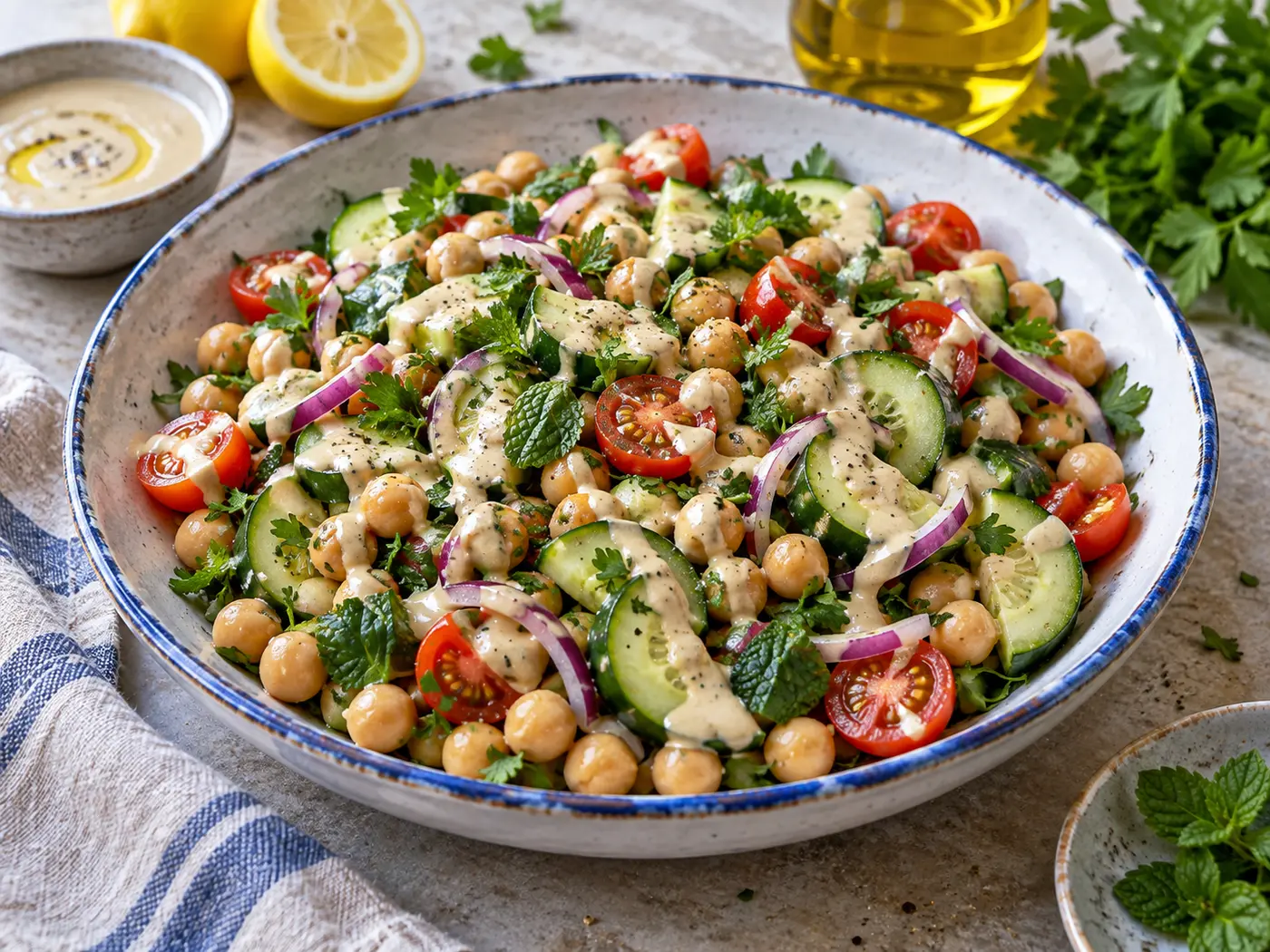 Ensalada de garbanzos, pepino y tahini