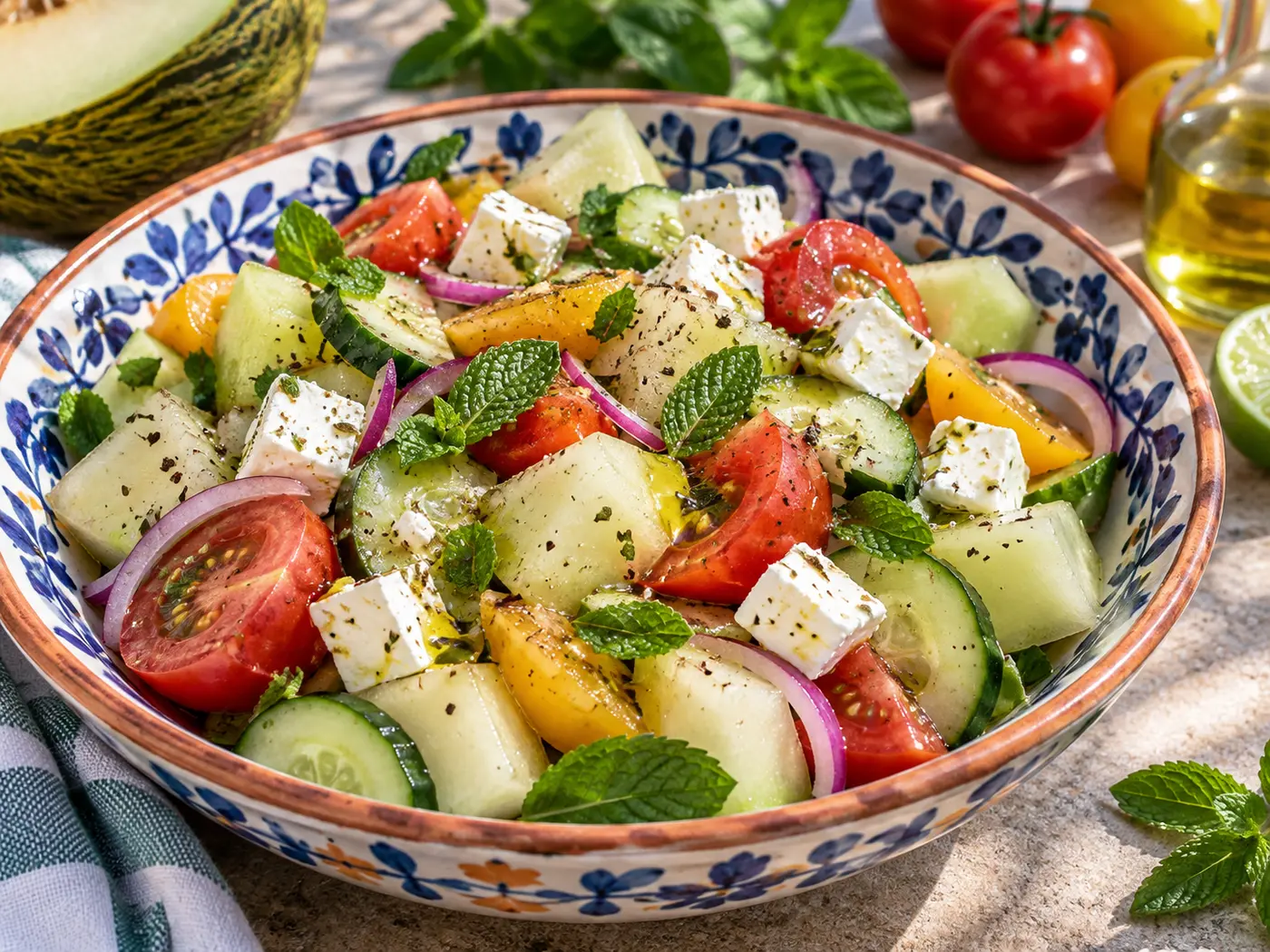 Ensalada de melón, tomate y feta