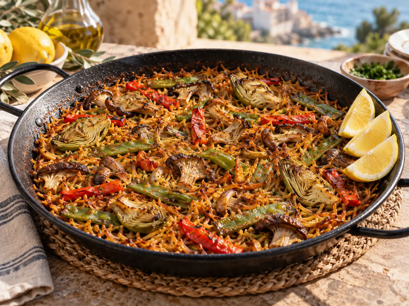 Fideuá de verduras y setas