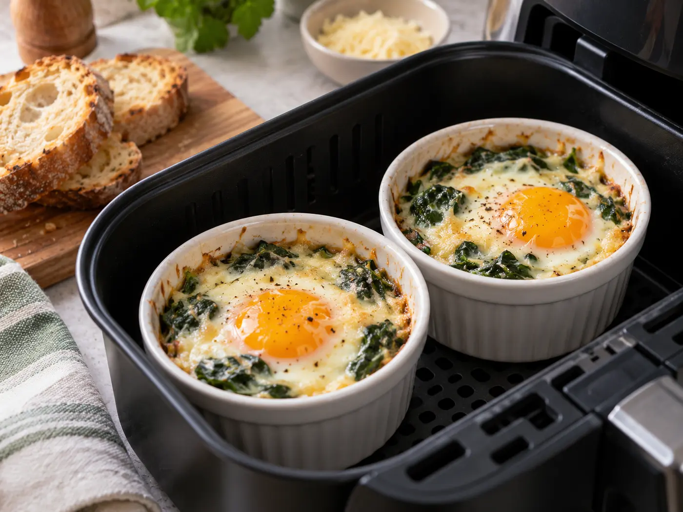 Huevos cocotte con espinacas en Air Fryer