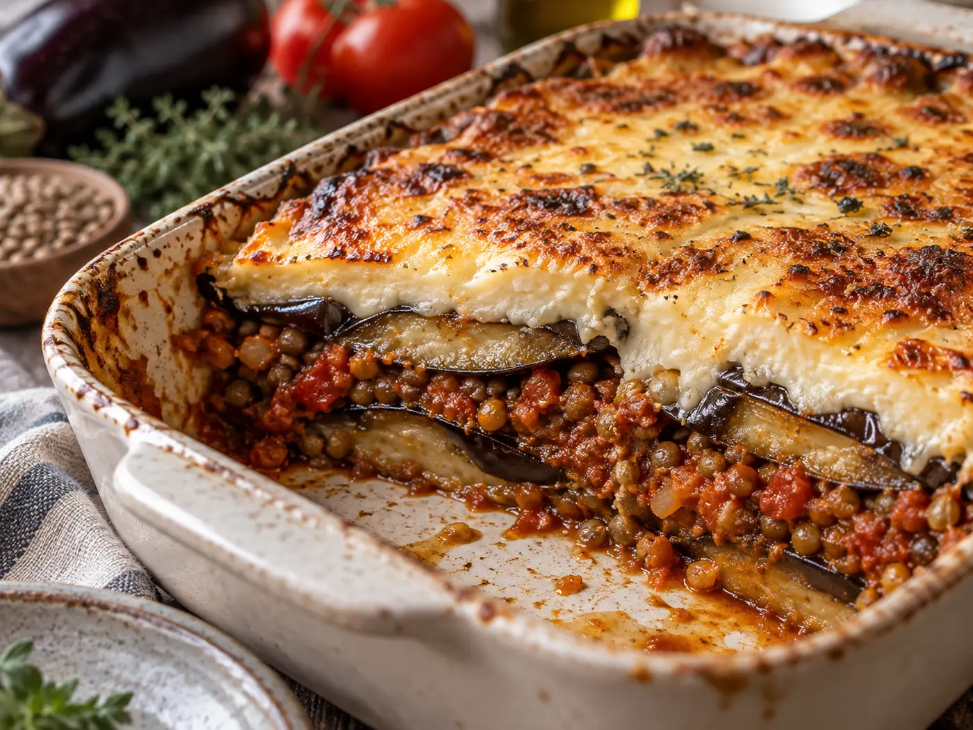 Moussaka vegetariana de lentejas