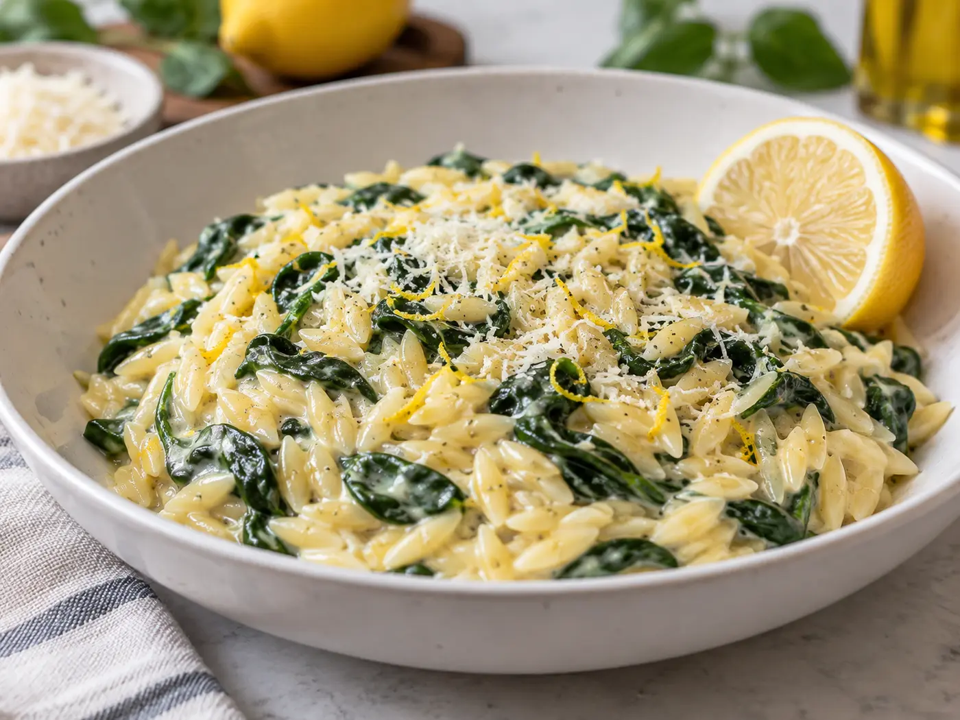Orzo cremoso con espinacas y limón