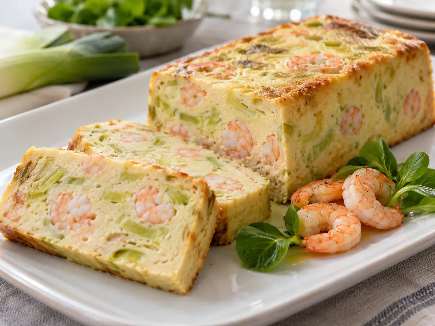 Pastel de puerros y gambas