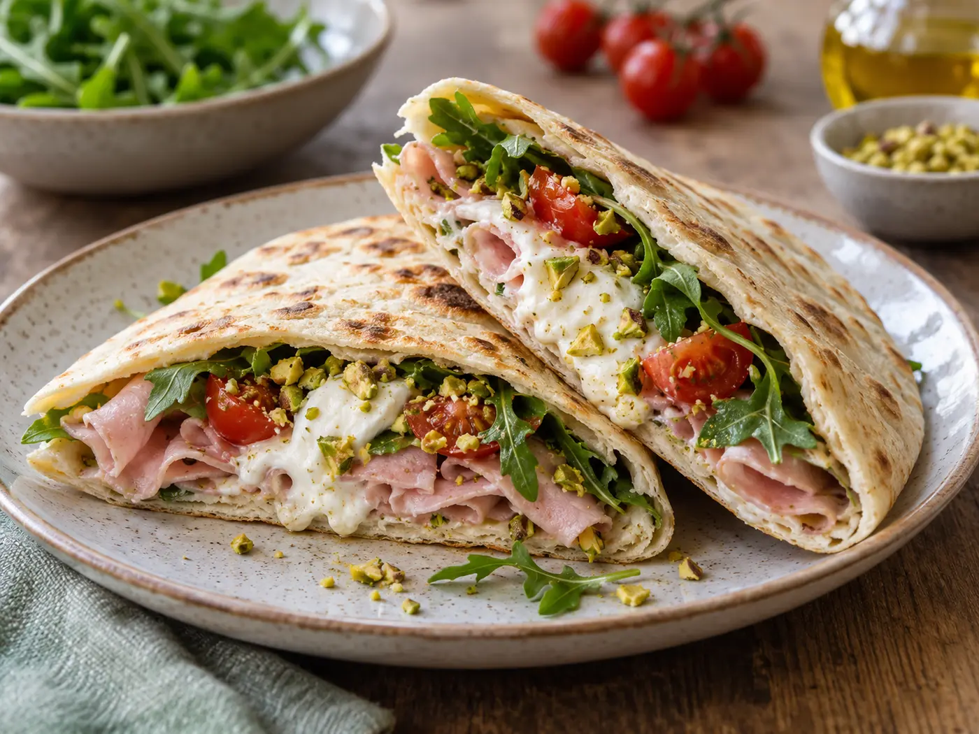 Piadina de mortadela, burrata y rúcula