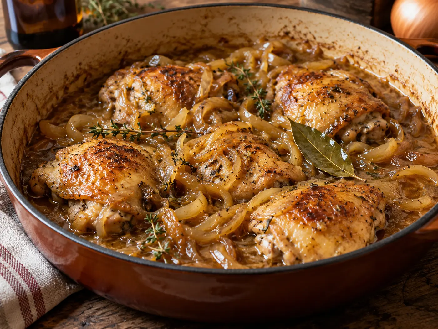 Pollo a la cerveza con cebolla