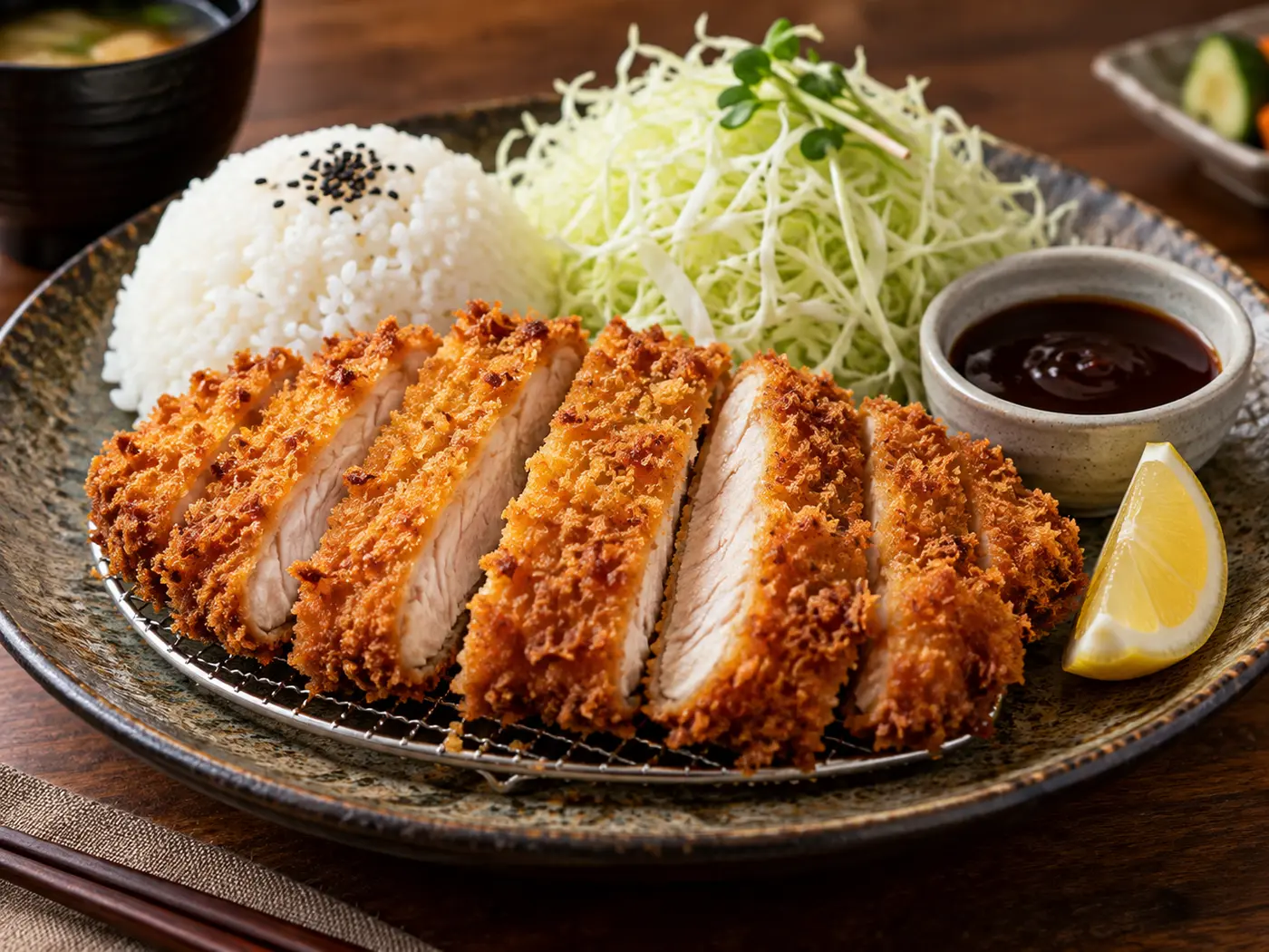 Pollo katsu con arroz y salsa tonkatsu