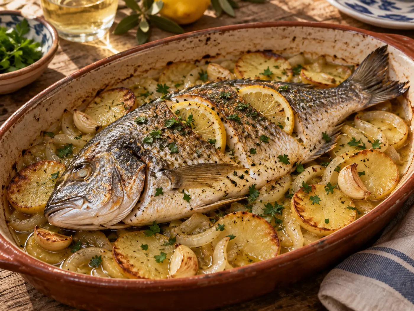 Sargo al horno con limón y patatas