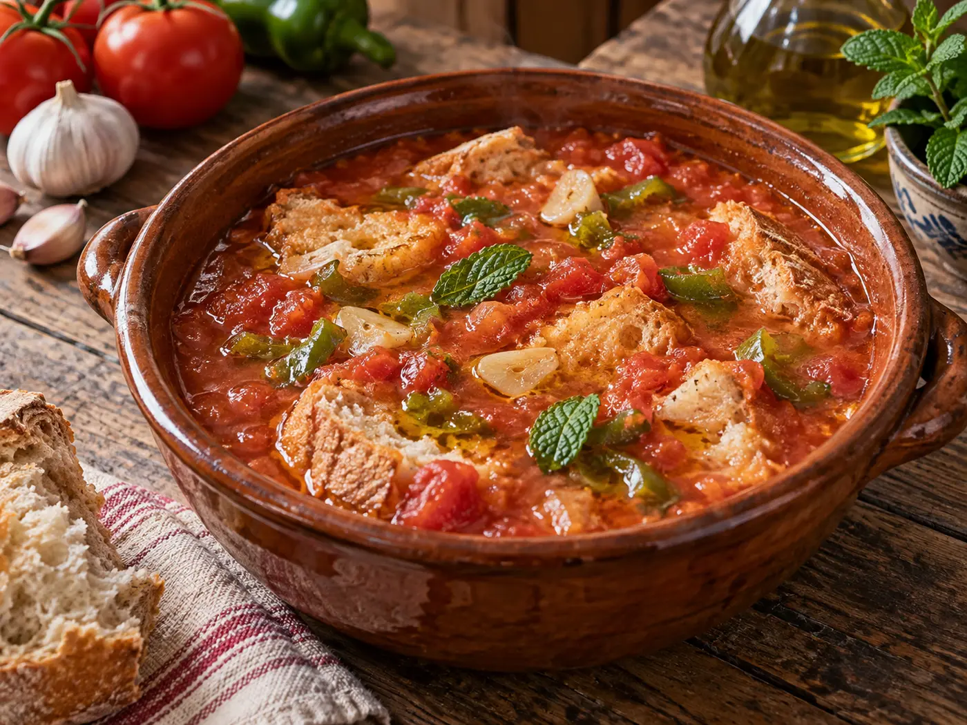 Sopa de tomate extremeña con pan