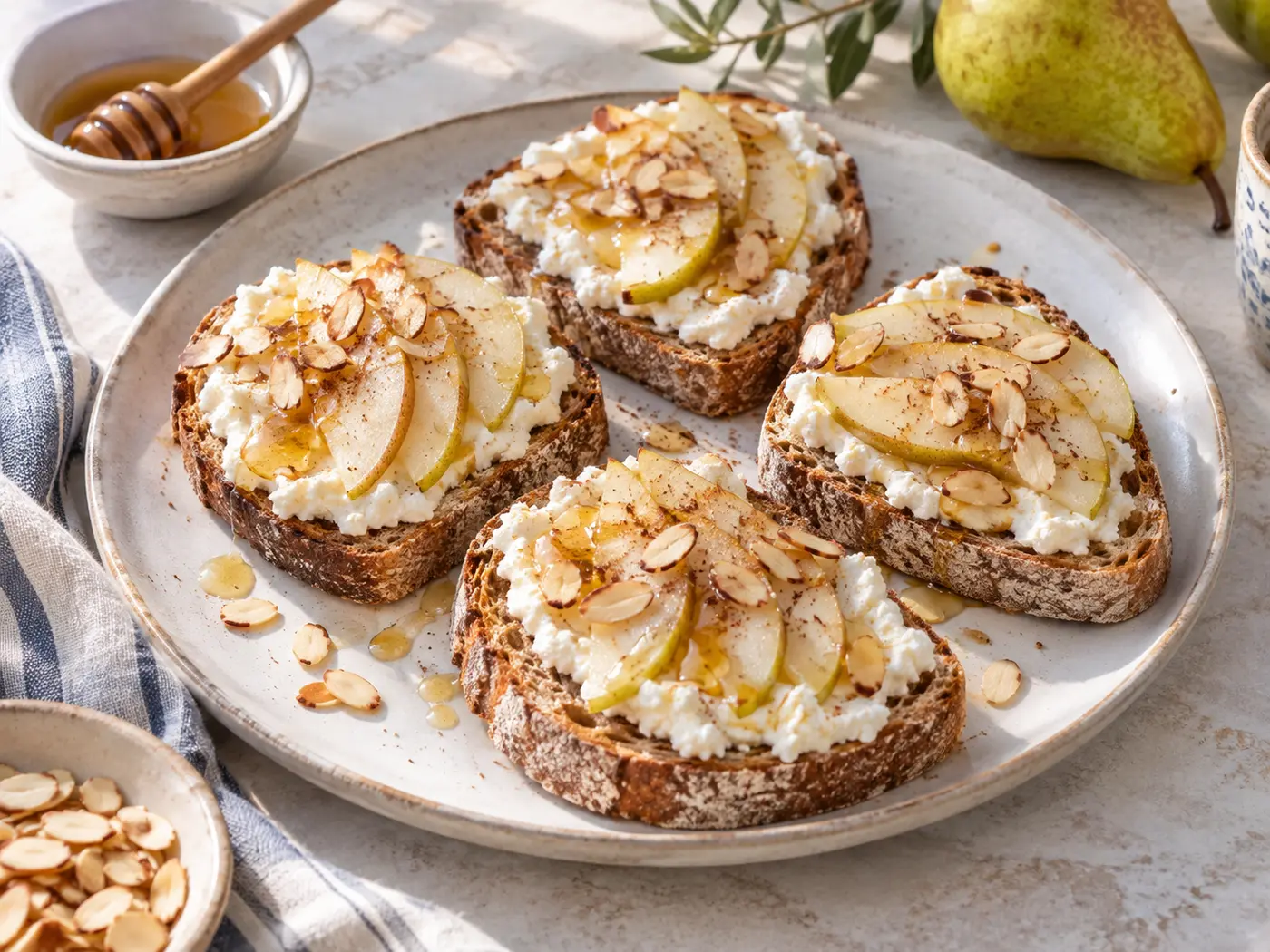 Tostadas de ricotta, pera y miel