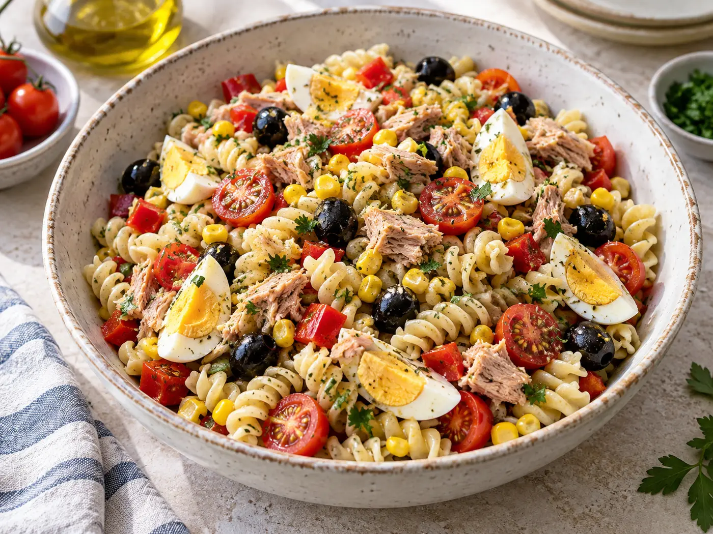Ensalada de pasta con atún y huevo