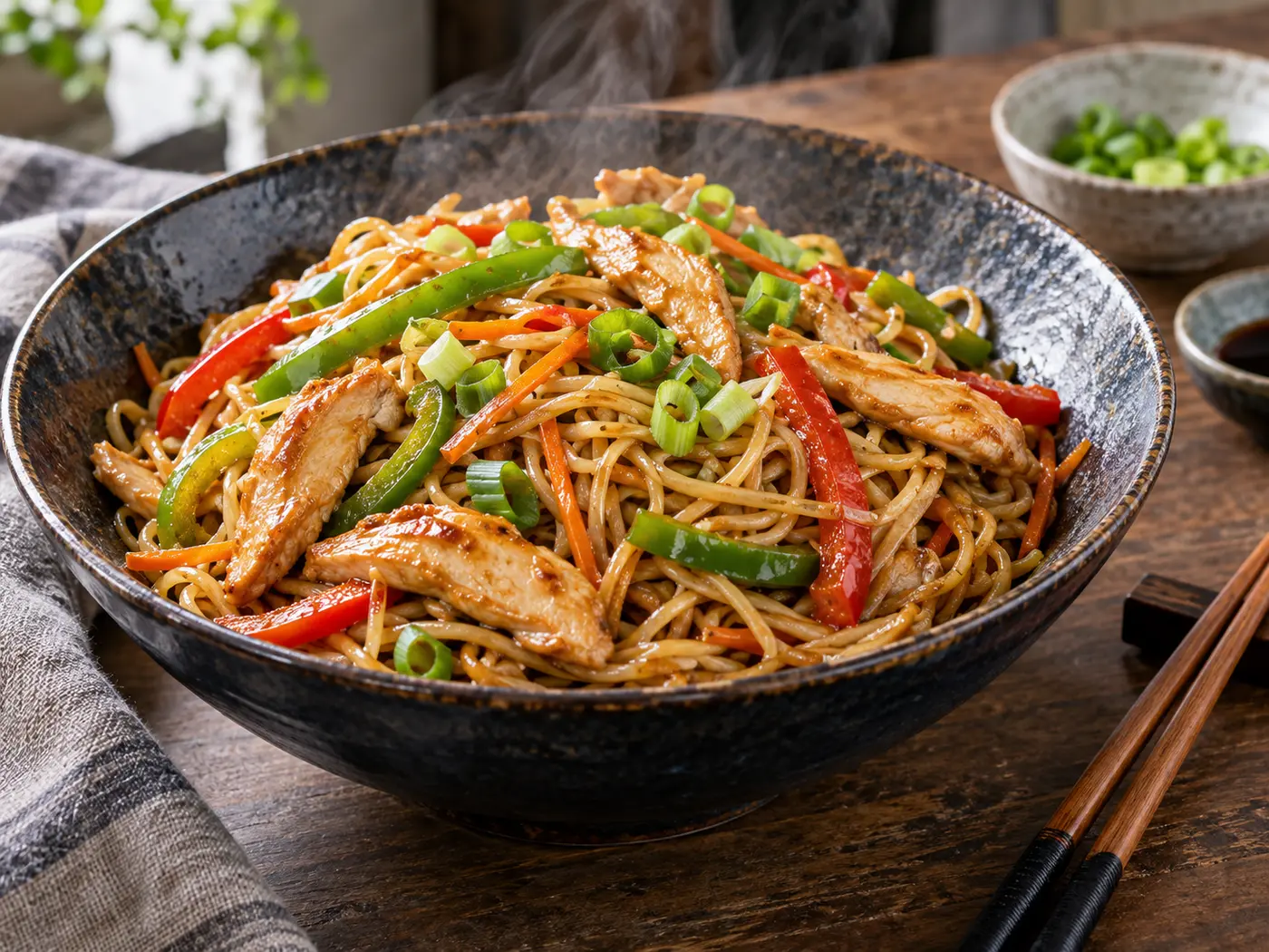 Fideos chinos salteados con pollo