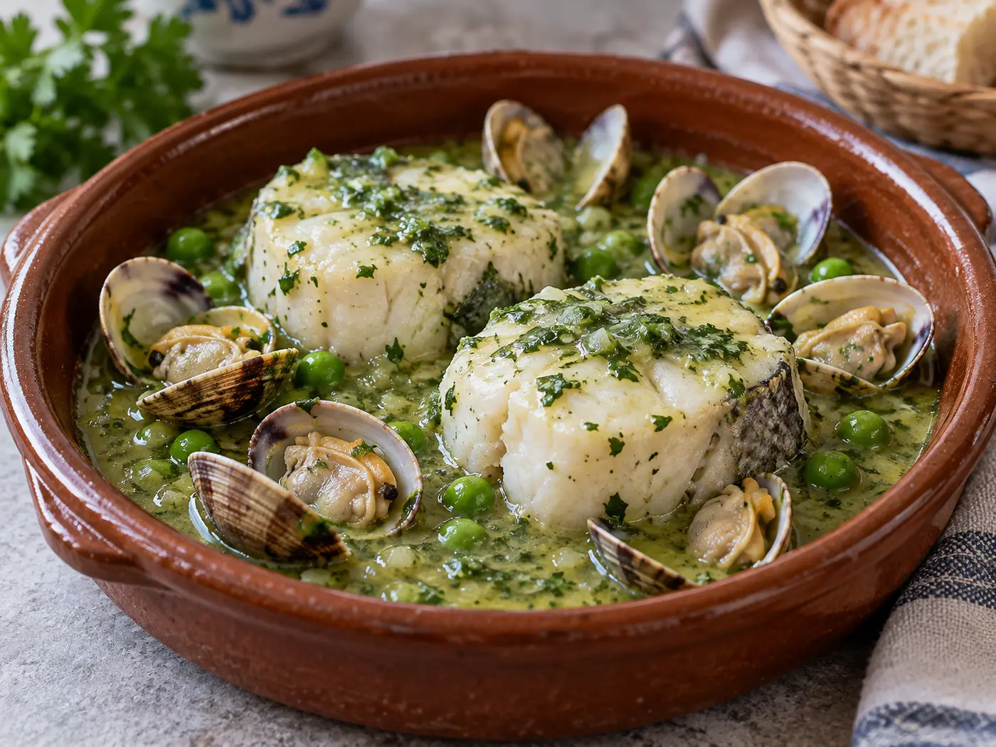 Merluza en salsa verde con almejas