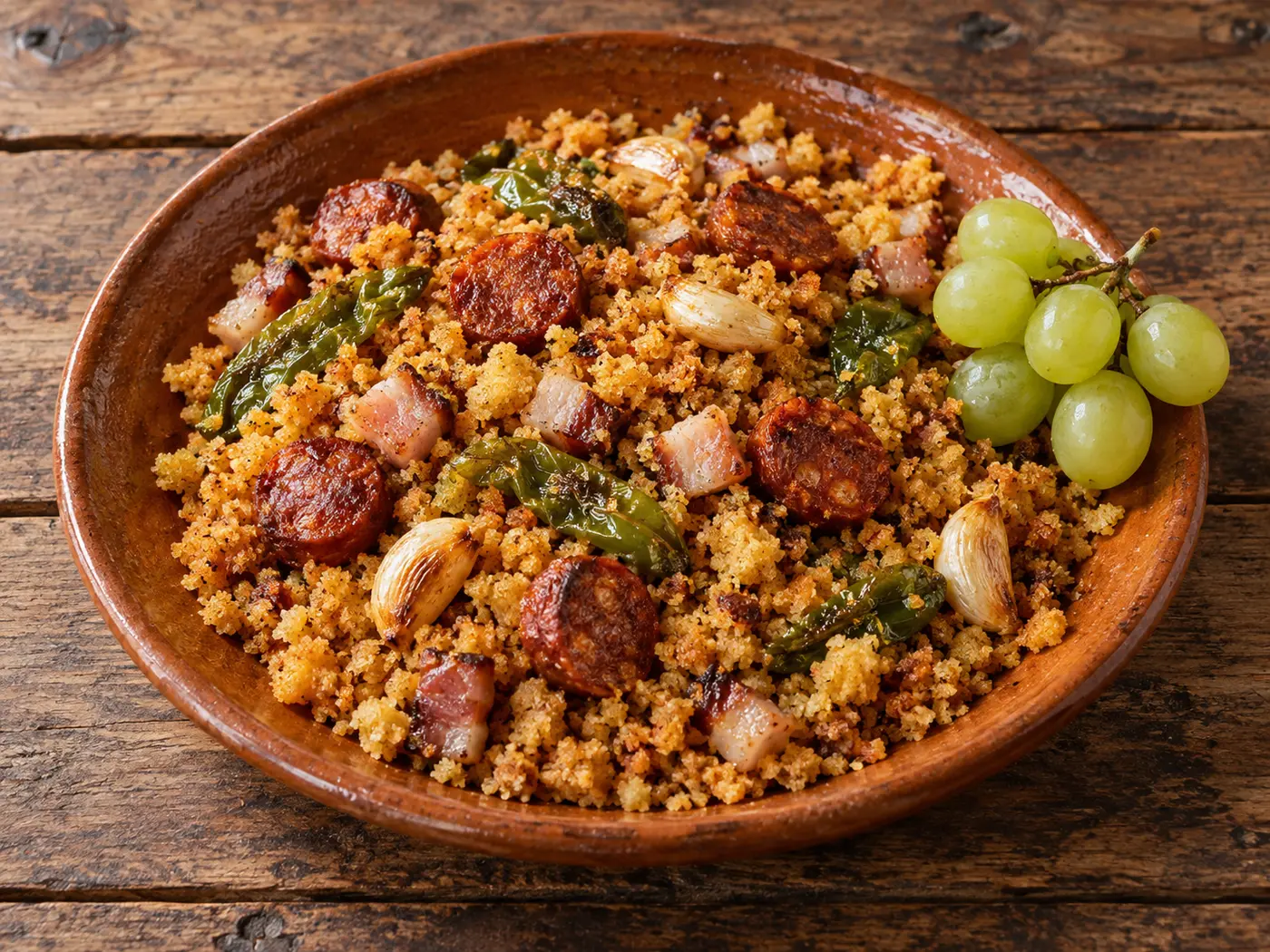 Migas extremeñas con chorizo y uvas